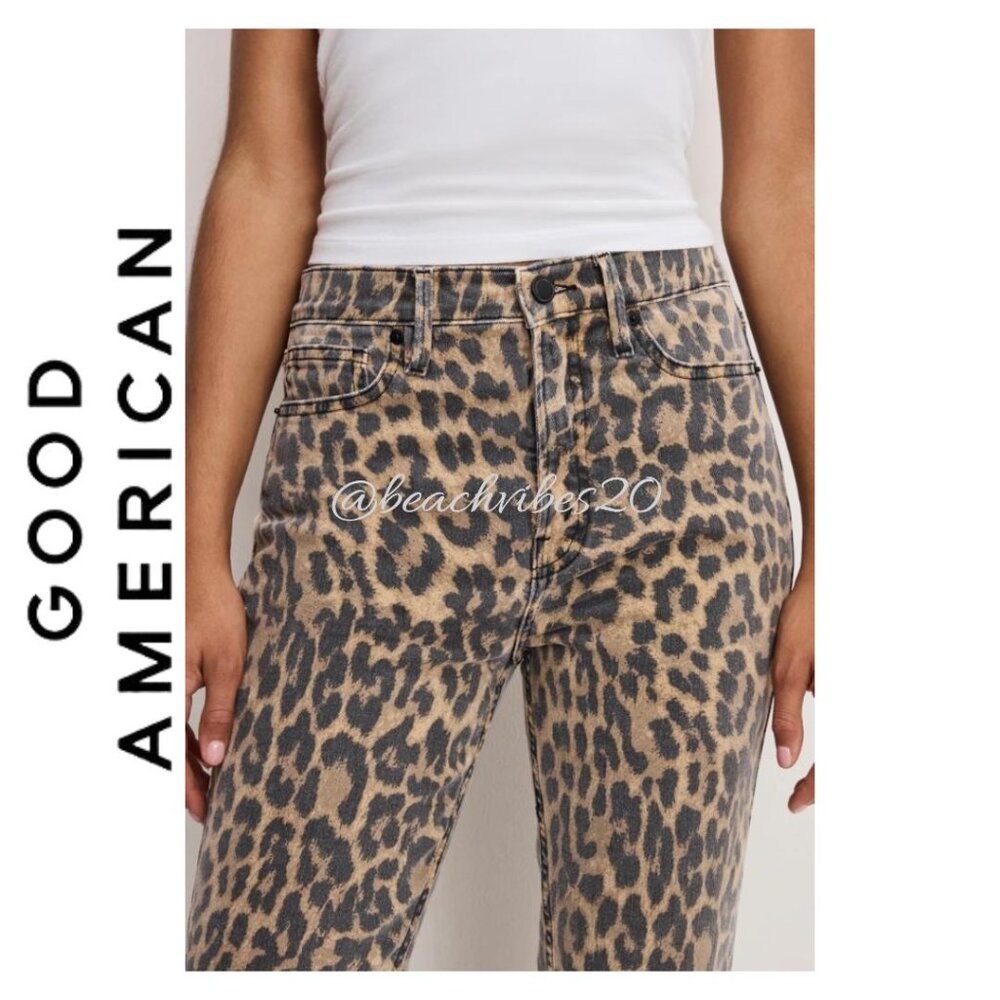 GOOD AMERICAN Good Kick Flare Leopard Jeans Luck Leopard001 8/29 NWT - Picture 4 of 6